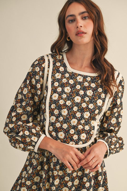 Quilted Floral Contrast Binding Mini Dress