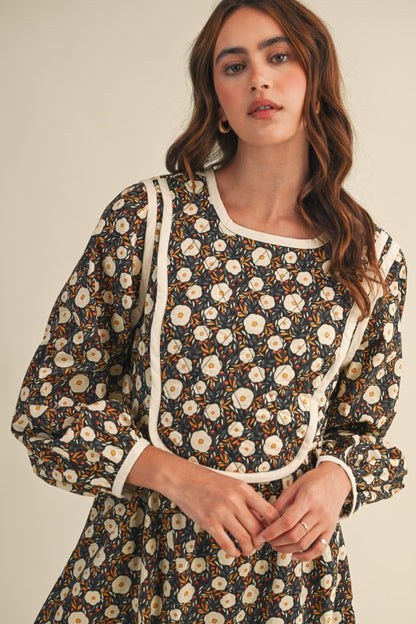 Quilted Floral Contrast Binding Mini Dress
