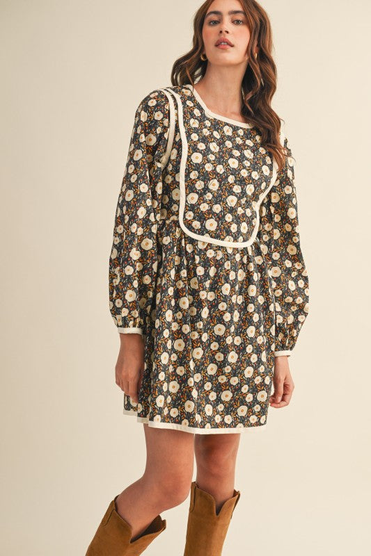 Quilted Floral Contrast Binding Mini Dress