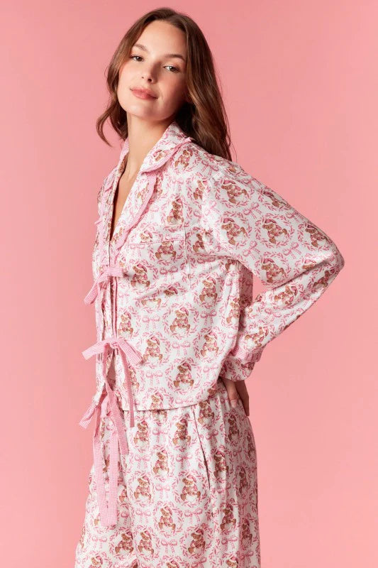 Bear & Bow Satin Holiday Pajama Set – Baby Pink