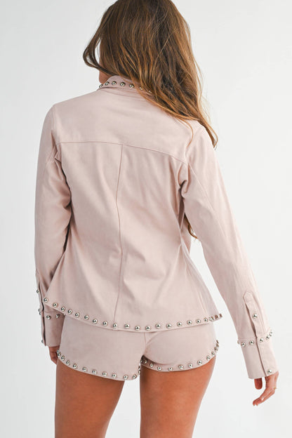 Suede Studded Button-Up Top in Blush Biege