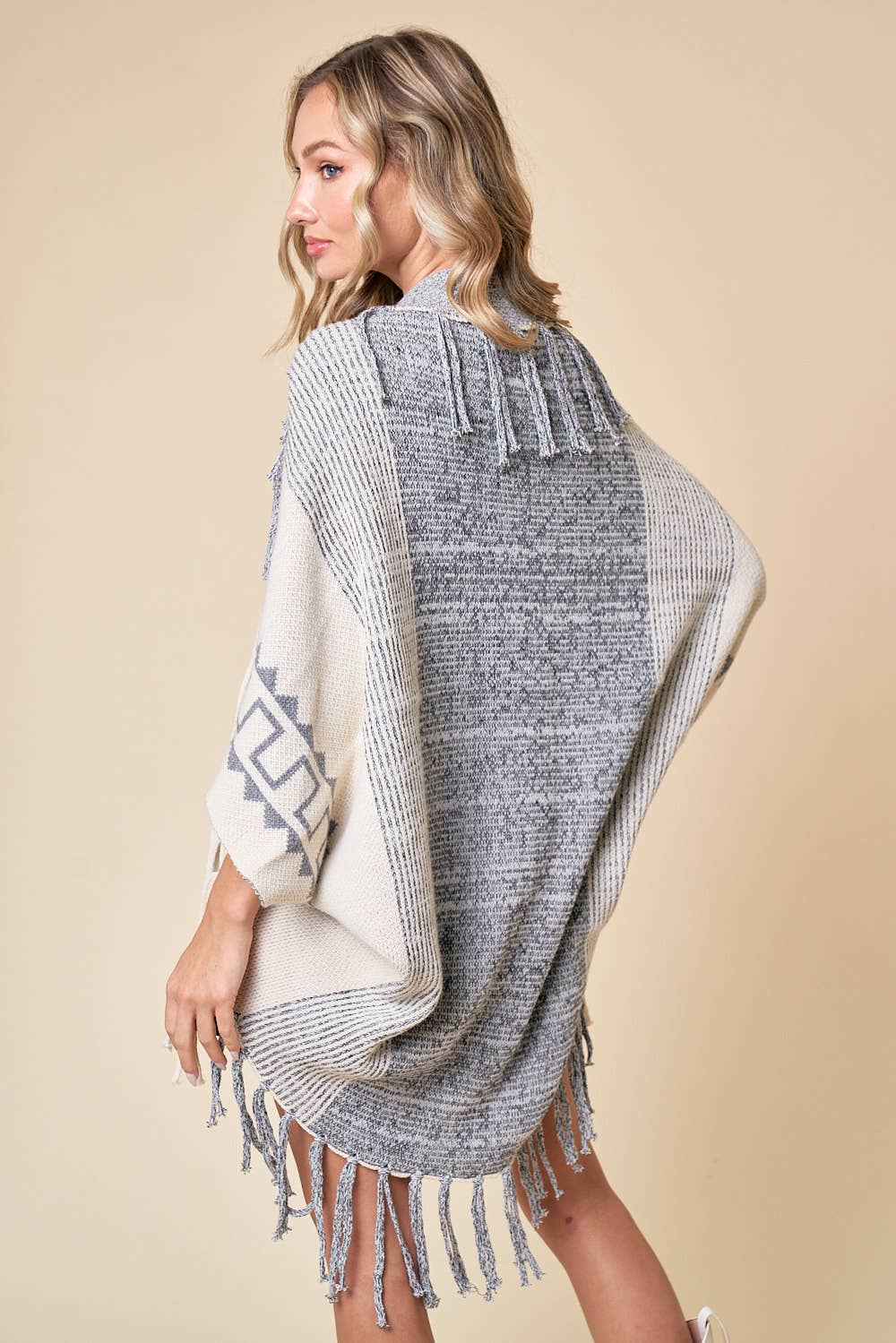 Cream Fringe Open Thick Knit Poncho