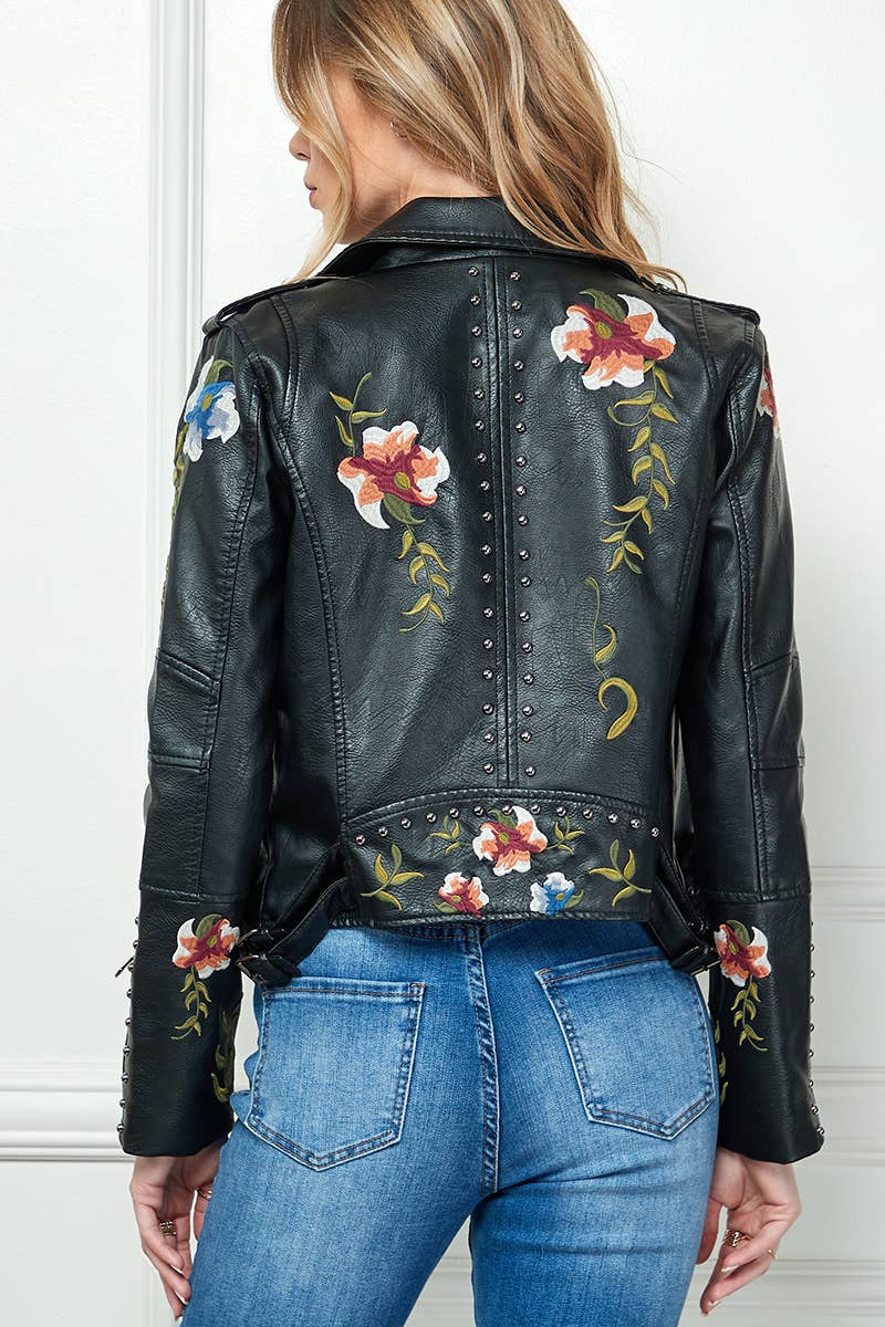 Wildflower Embroidered Vegan Leather Jacket
