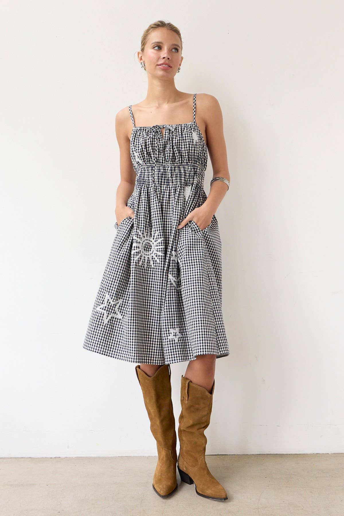 Gingham Embroidered Midi Dress