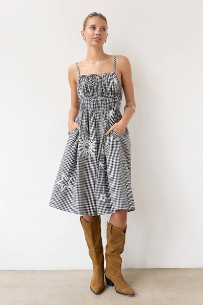 Gingham Embroidered Midi Dress