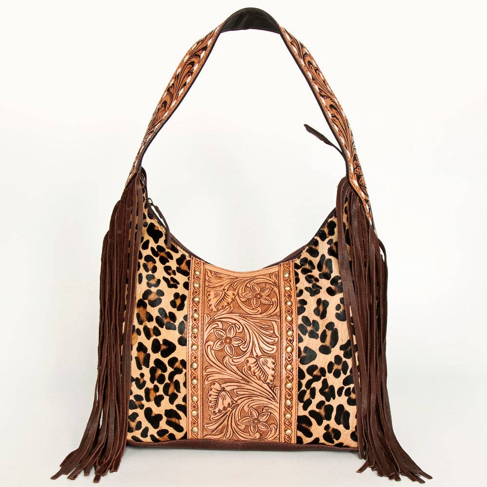 Wild Tooled Leather & Leopard Fringe Hobo Bag