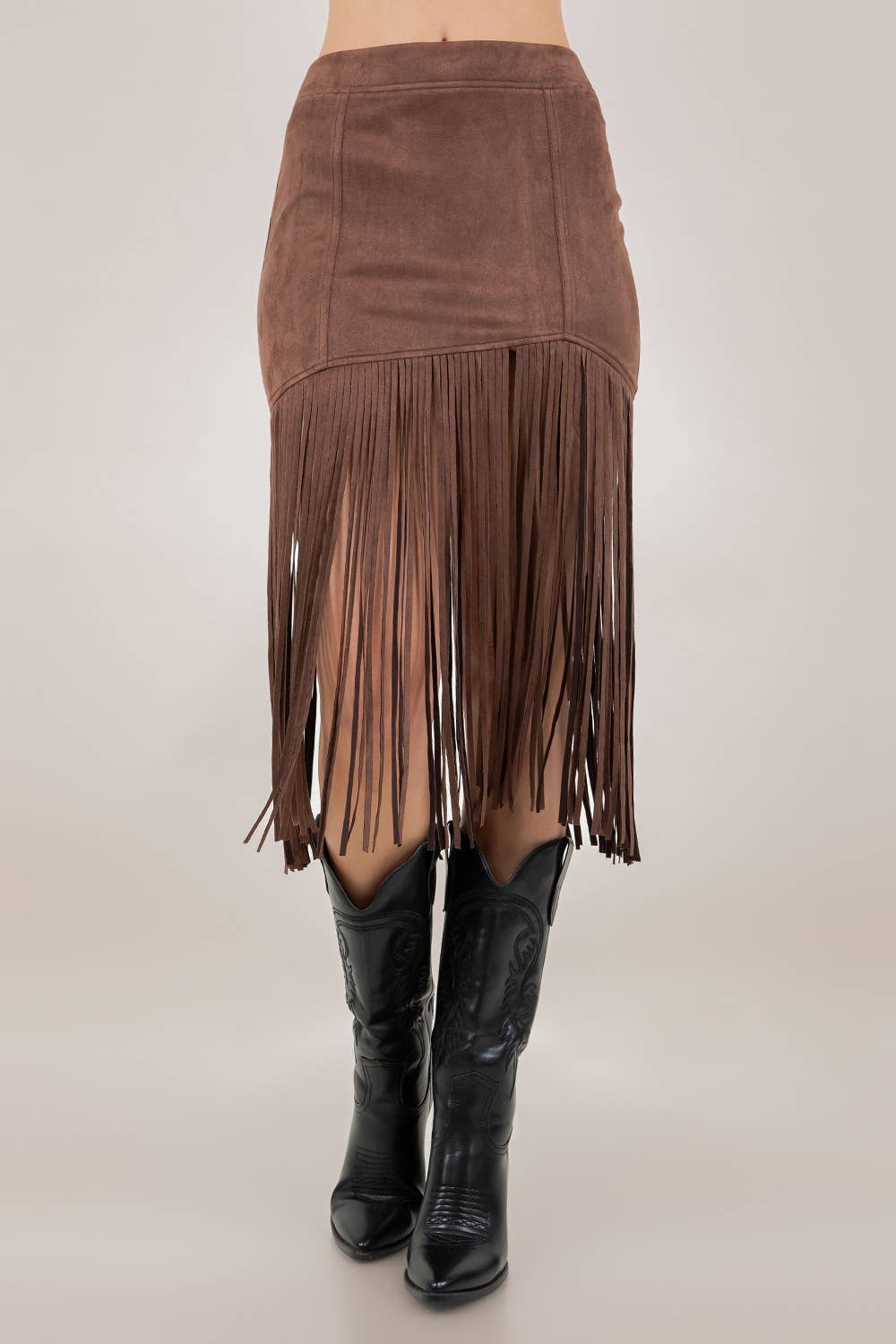 Whiskey Nights Chocolate Fringe Faux Suede Midi Skirt