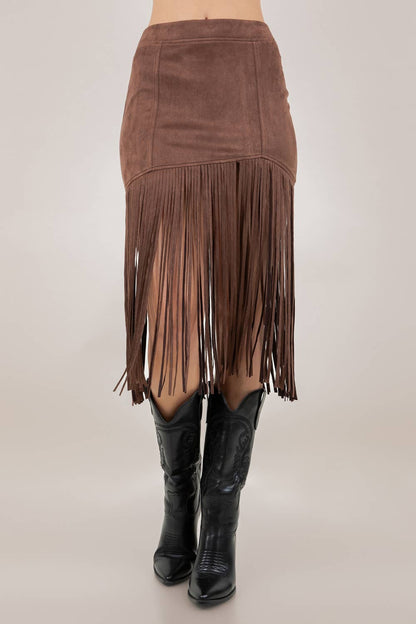 Whiskey Nights Chocolate Fringe Faux Suede Midi Skirt