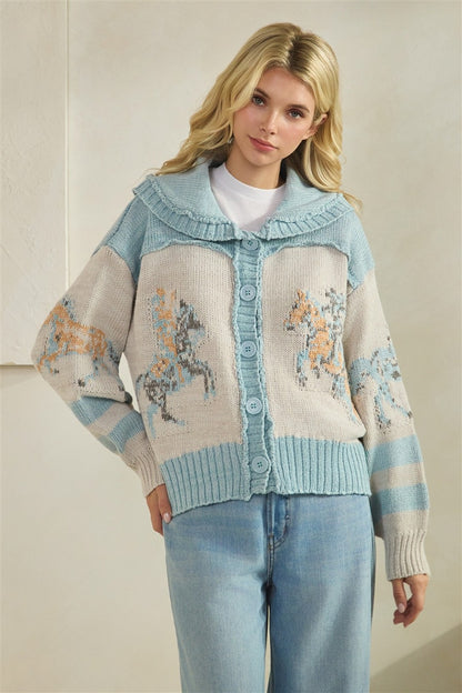 Horse Print Sweater – Sky Blue