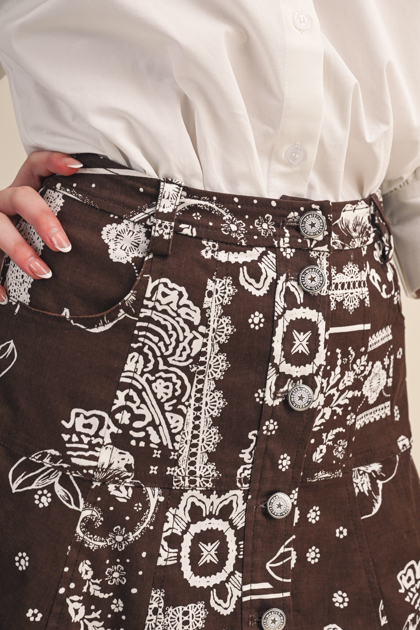 Paisley Denim Button-Down Midi Skirt