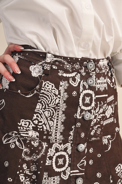 Paisley Denim Button-Down Midi Skirt