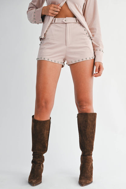 Suede Studded Shorts: BLUSH BEIGE