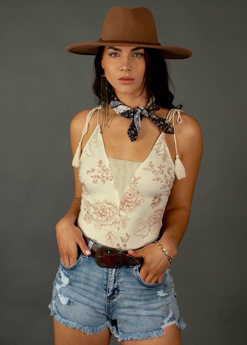 Crochet Lace Trim  Bodysuit in Cream Floral