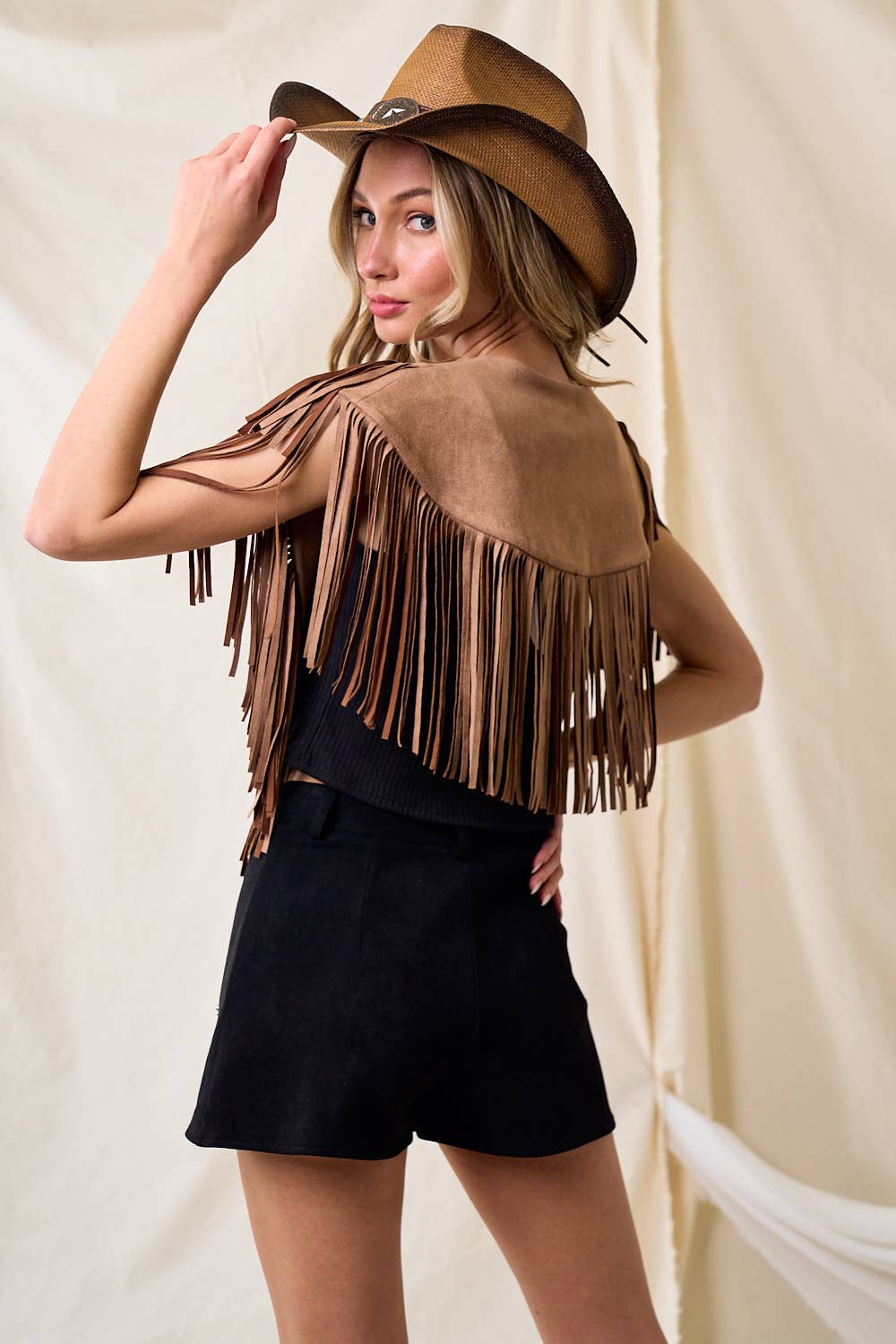 Desert Drift Tan Fringe Suede Collar Shrug