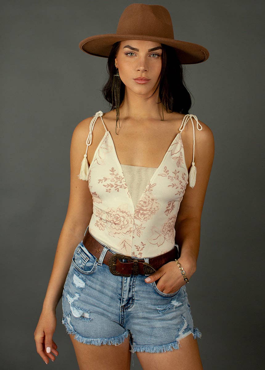 Crochet Lace Trim  Bodysuit in Cream Floral