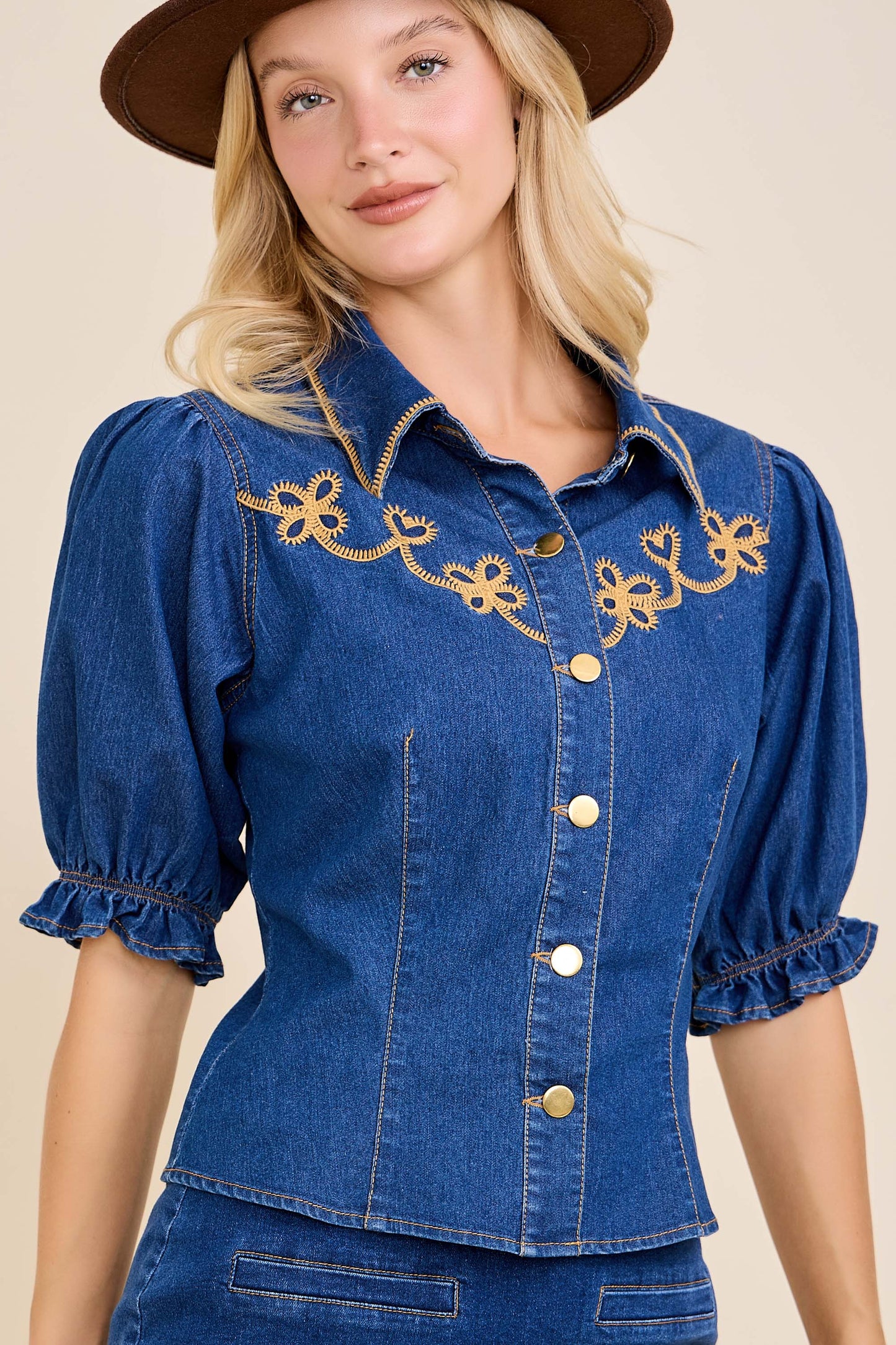 Golden Prairie Embroidered Denim Blouse