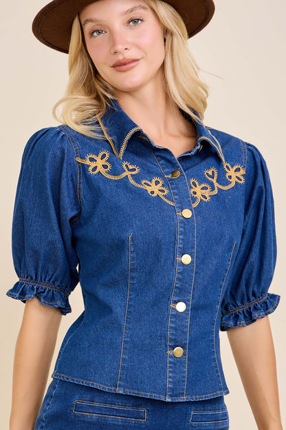 Golden Prairie Embroidered Denim Blouse