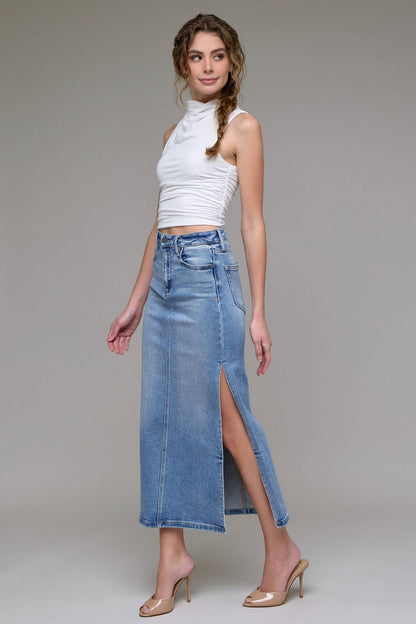 Medium Light Side Slit Stretch Midi Skirt
