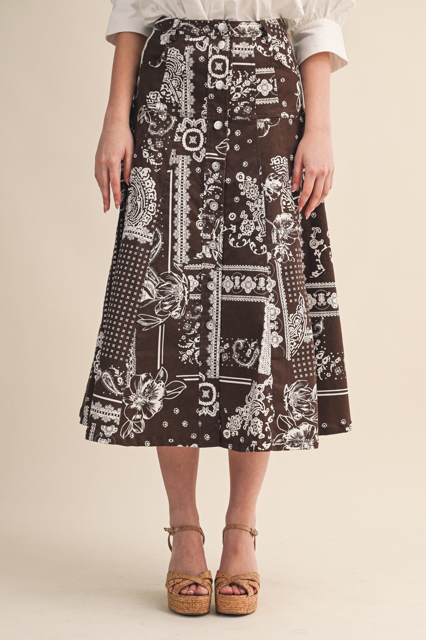 Paisley Denim Button-Down Midi Skirt