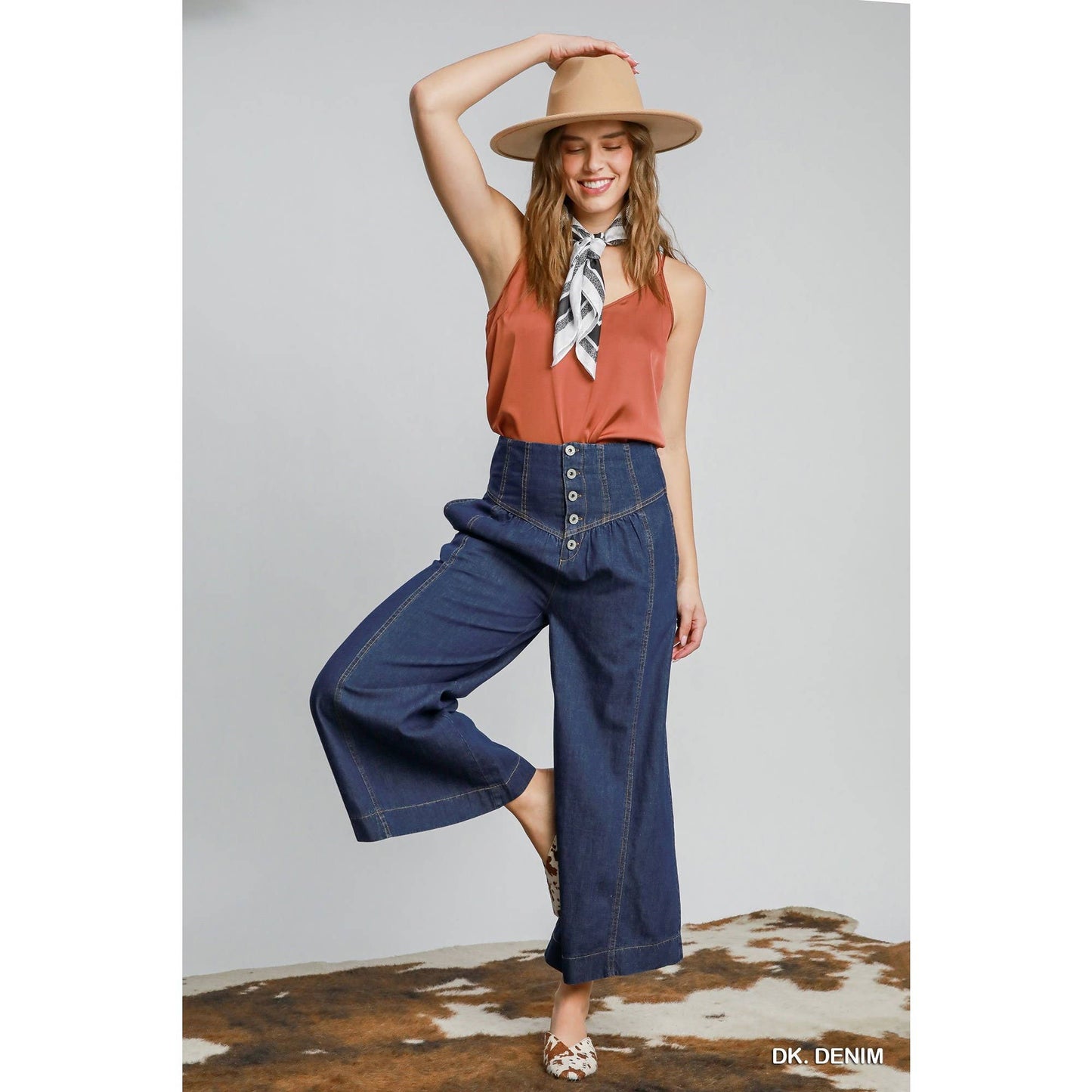 High Waist Western Wide Leg Button Front Pants