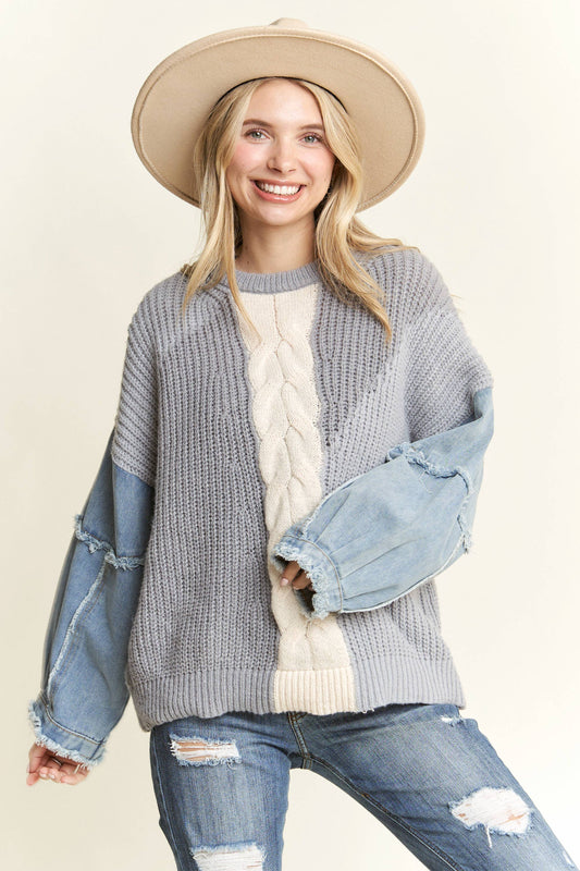 Frayed Denim Colorblock Boho Sweater