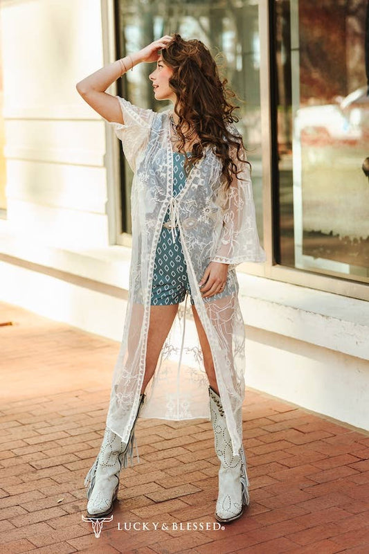 Ivory Western Embroidered Mesh Lace Duster