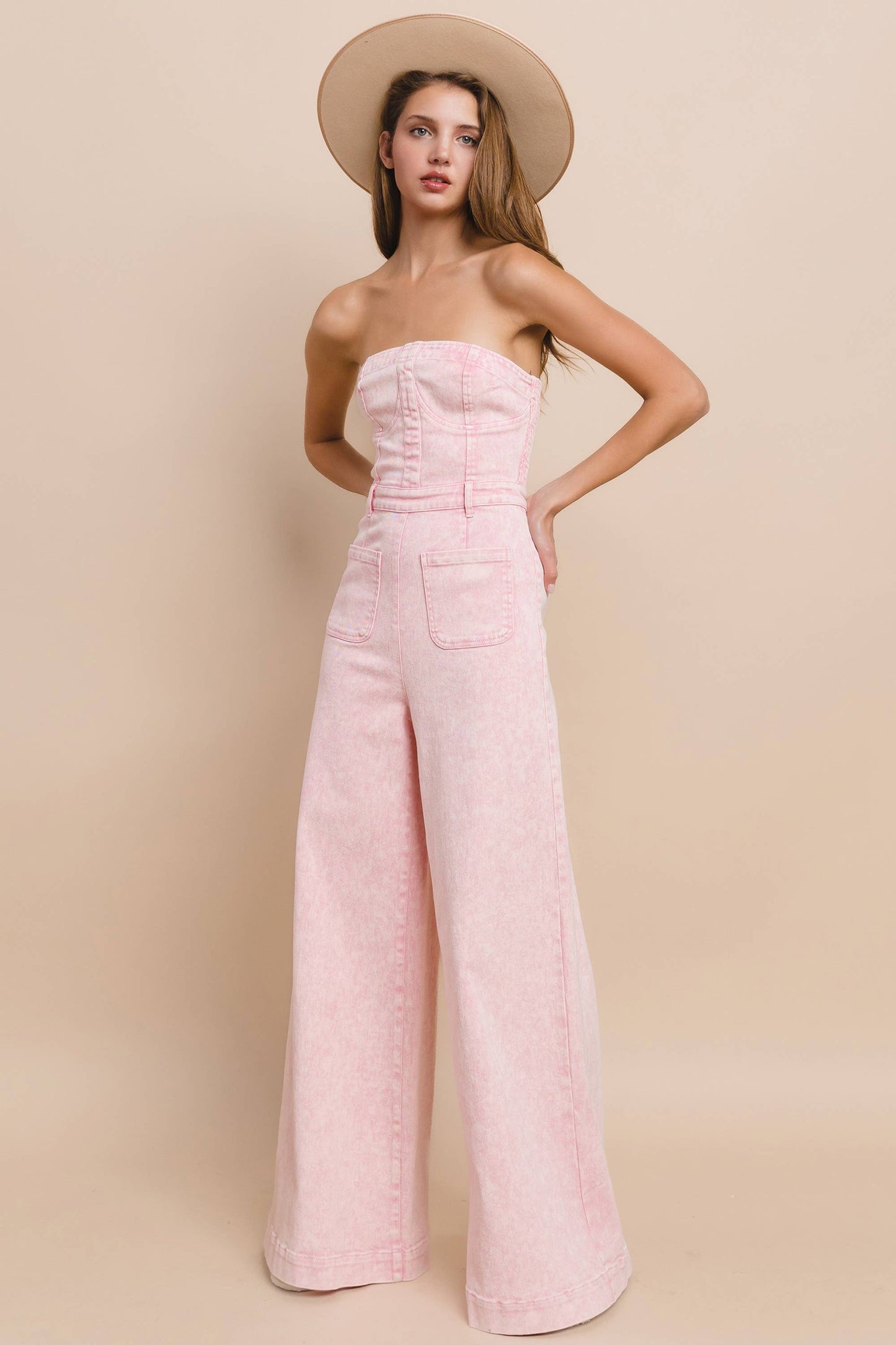 Blush Breeze Strapless Boho Denim Jumpsuit
