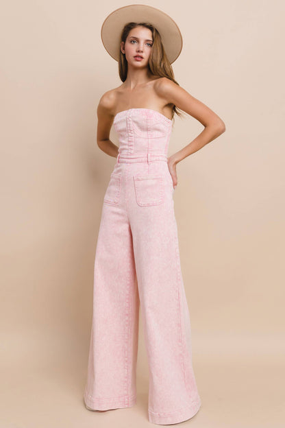 Blush Breeze Strapless Boho Denim Jumpsuit