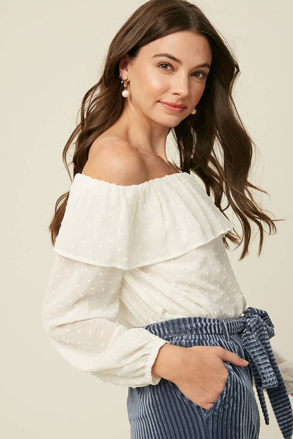 Prairie Moon Swiss Dot Off-Shoulder Blouse – Cream