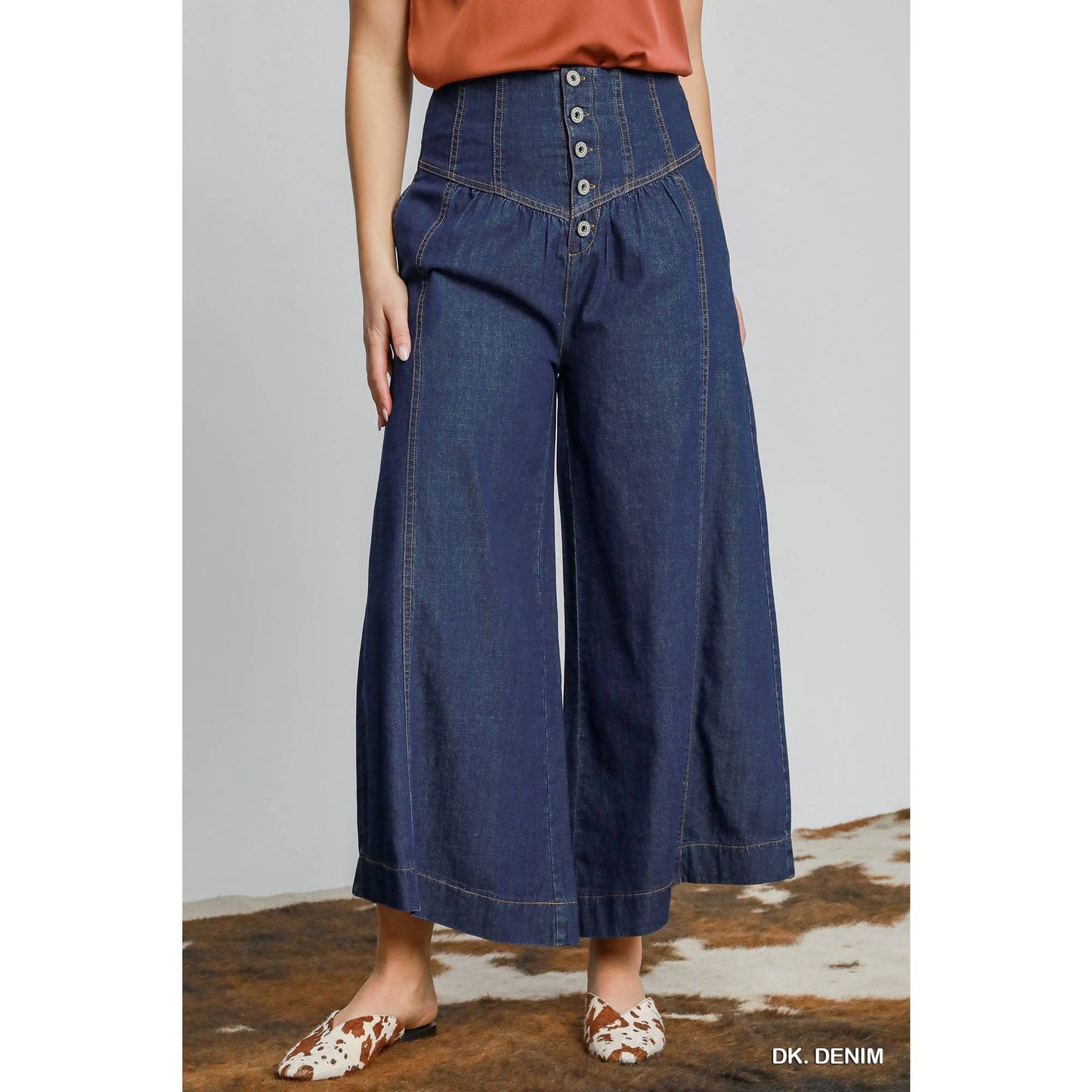 High Waist Western Wide Leg Button Front Pants