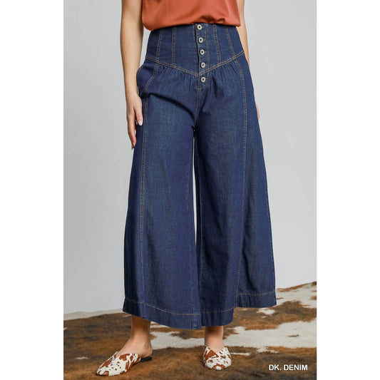 High Waist Western Wide Leg Button Front Pants