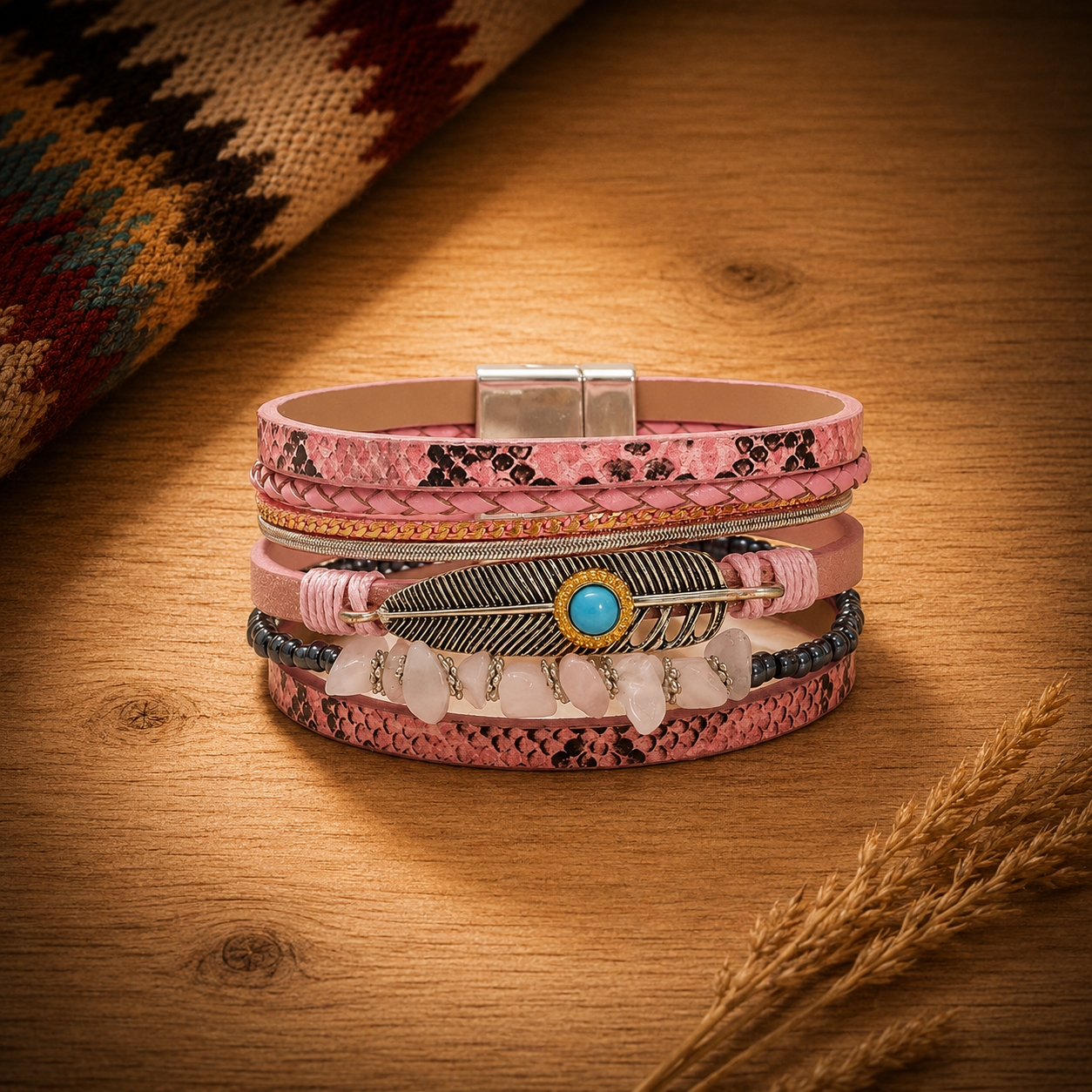 Blush Feather Boho Wrap Bracelet