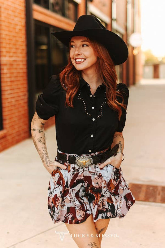 Studded Yoke Pearl Snap Western Blouse – Black