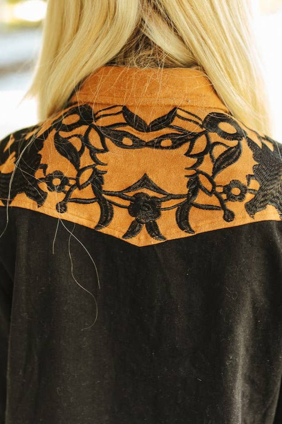 Black Denim Western Suede Pearl Snap Dress with Camel Cuff Yokes
