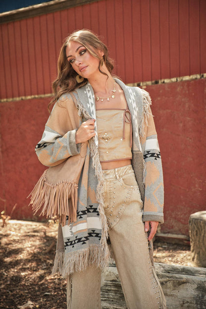 Frontier Fringe Belted Western Knit Cardigan