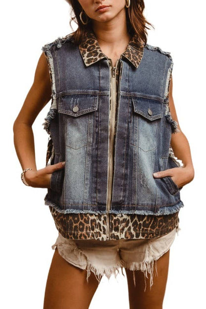 Leopard Mix & Match Washed Sleeveless Denim Vest