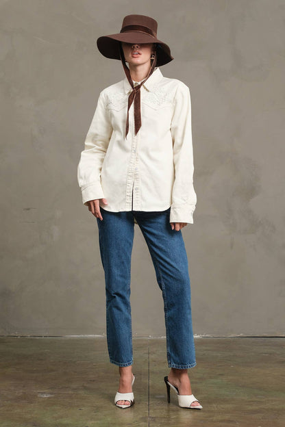Ivory Embroidered Snap Denim Shirt