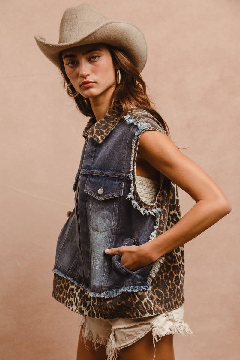 Leopard Mix & Match Washed Sleeveless Denim Vest