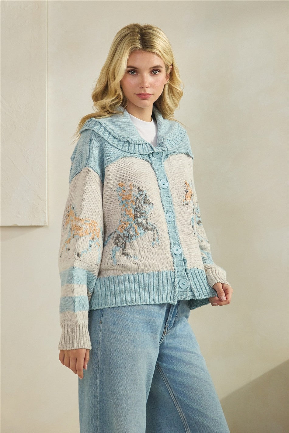 Horse Print Sweater – Sky Blue