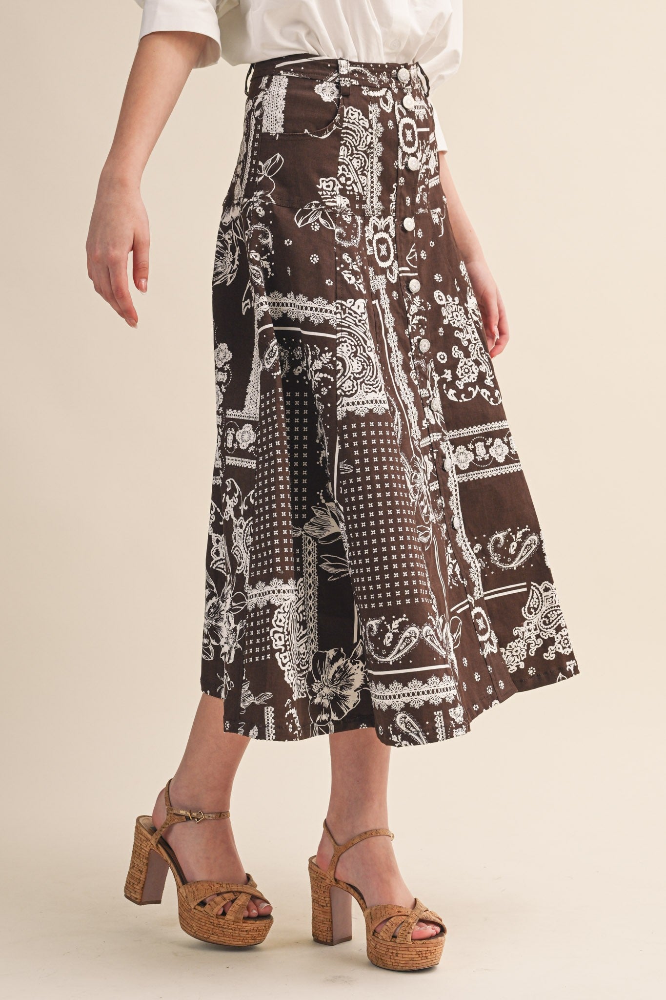 Paisley Denim Button-Down Midi Skirt