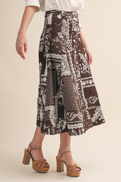 Paisley Denim Button-Down Midi Skirt