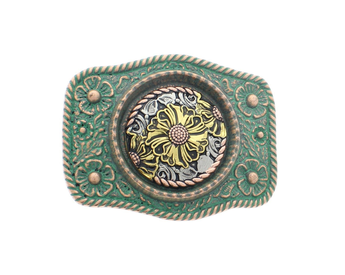 Green Patina Floral Western Belt Buckle