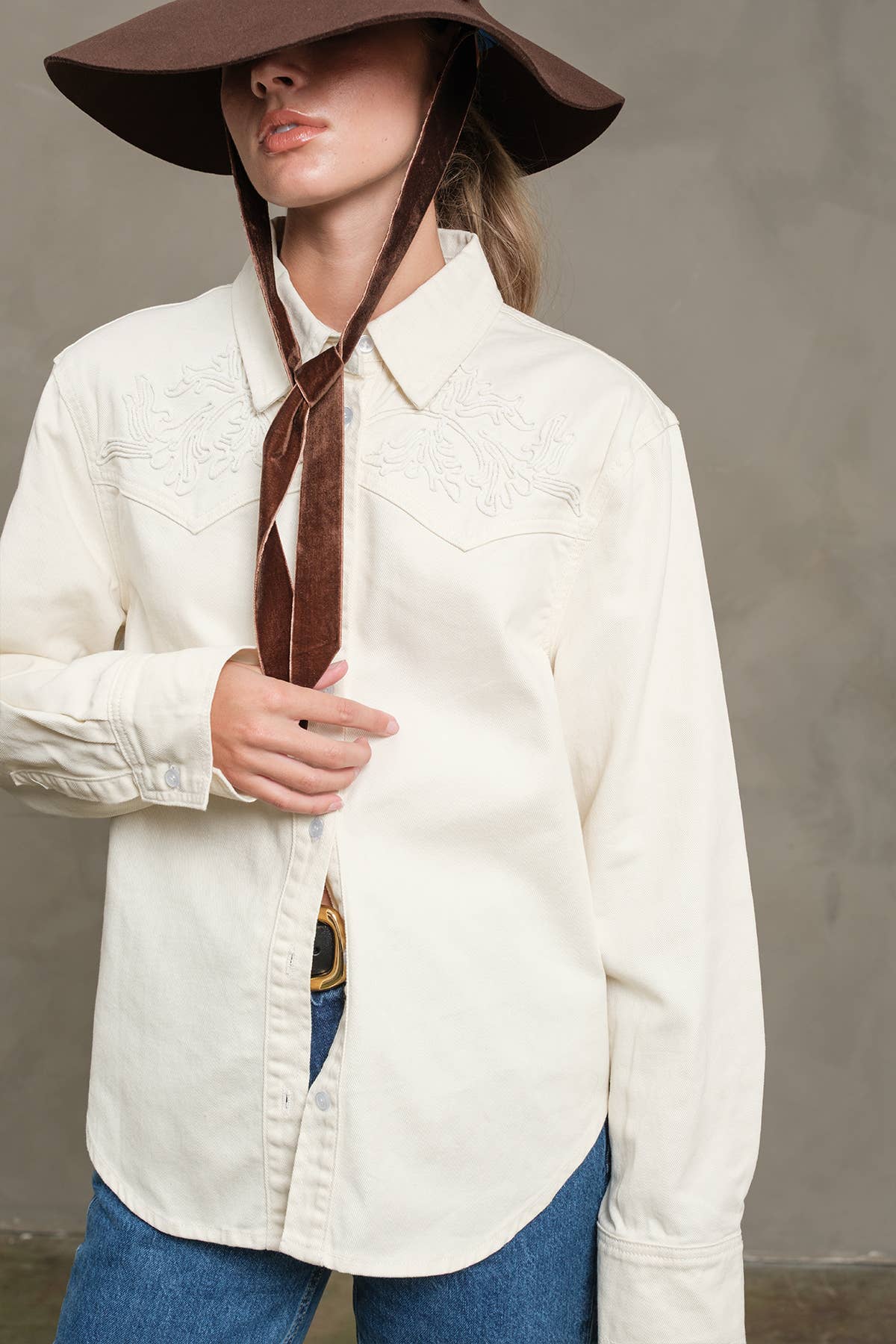 Ivory Embroidered Snap Denim Shirt