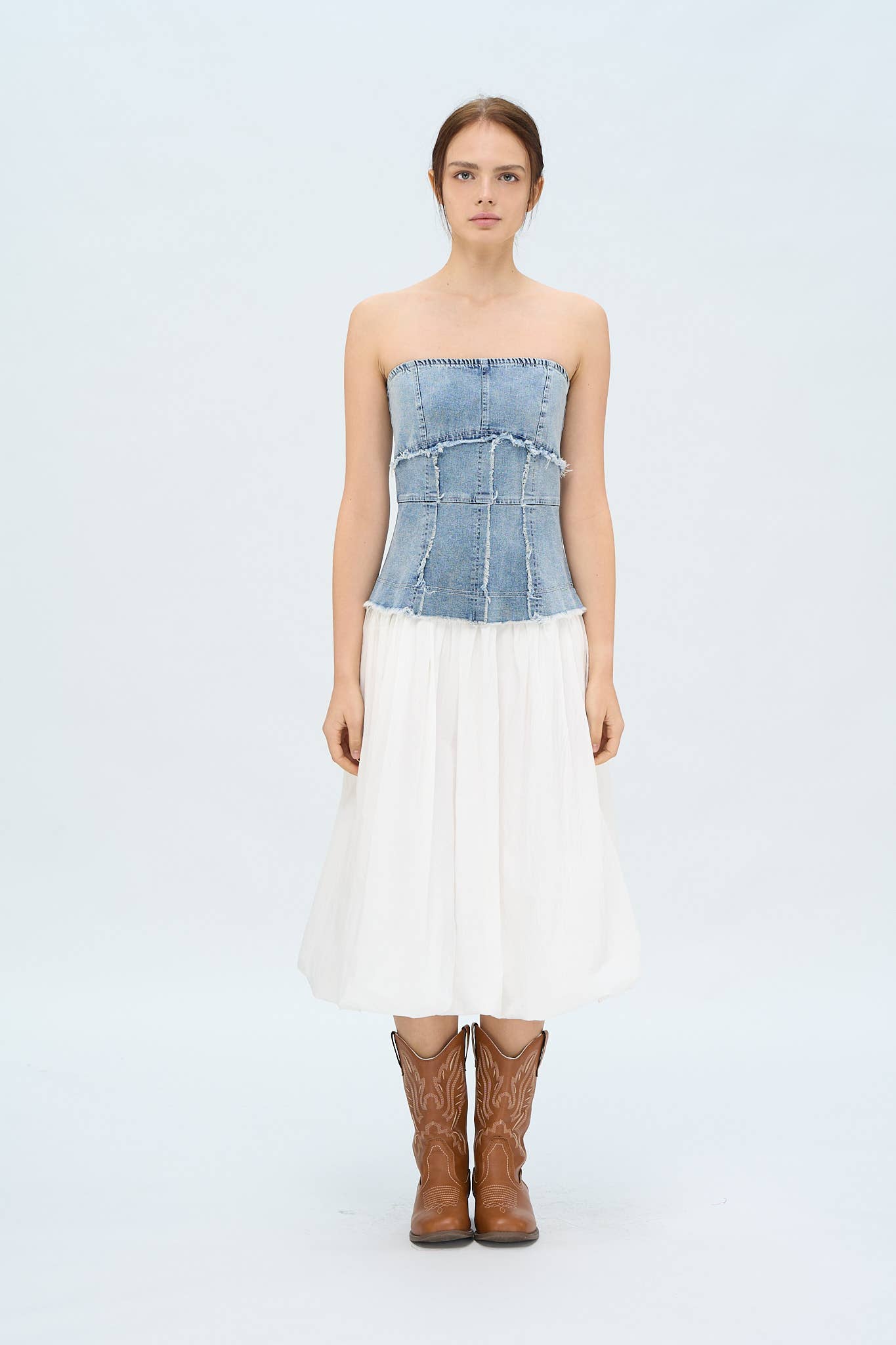 DENIM CORSET SOLID SKIRT MIDI DRESS