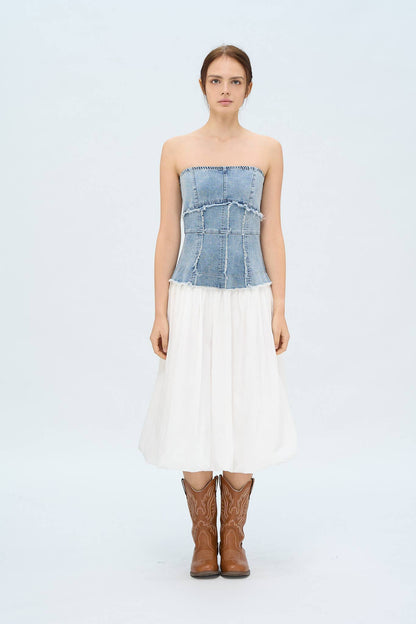 DENIM CORSET SOLID SKIRT MIDI DRESS