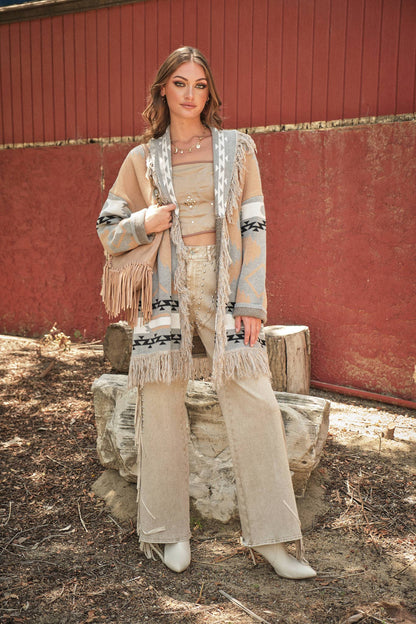 Frontier Fringe Belted Western Knit Cardigan