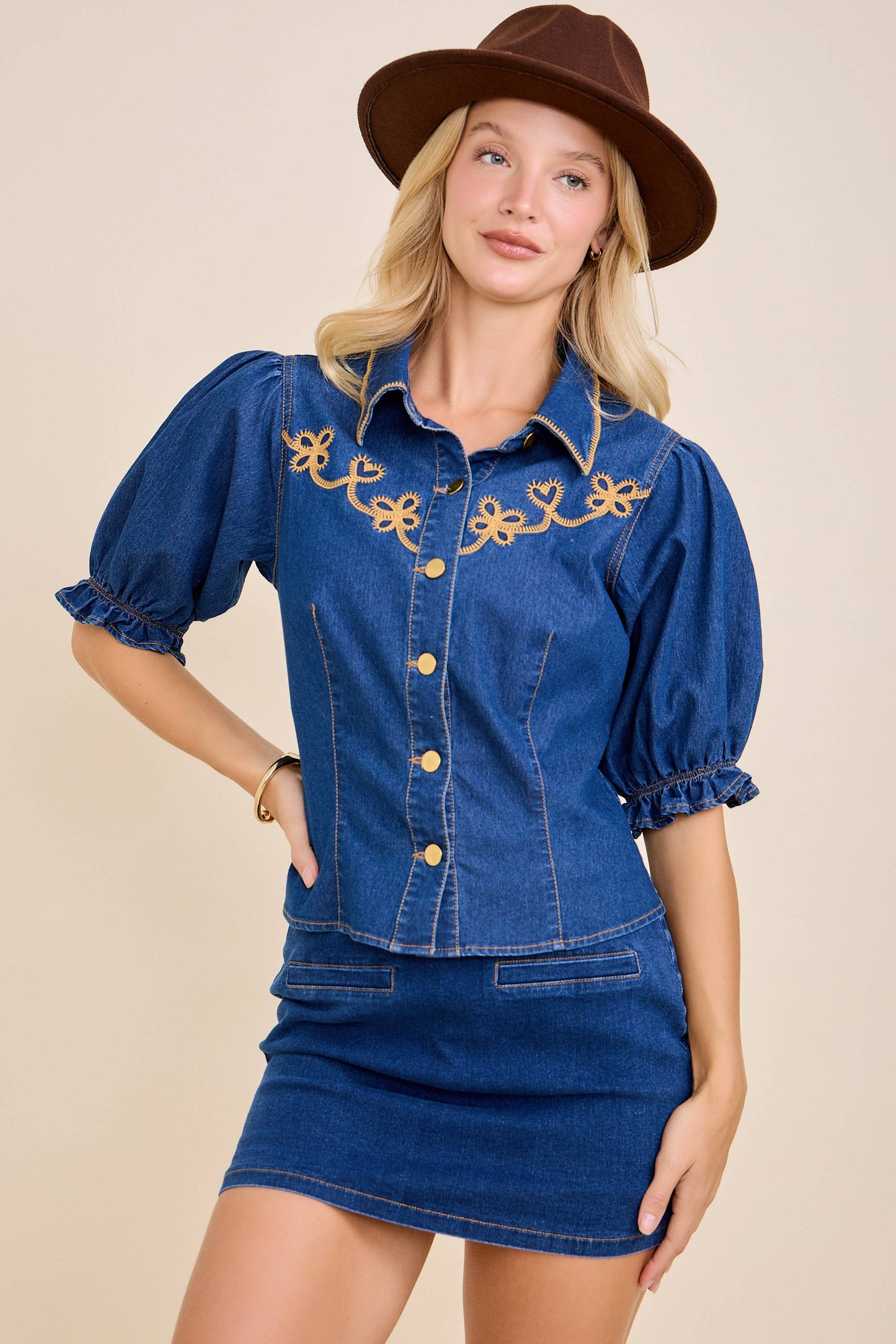 Golden Prairie Embroidered Denim Blouse