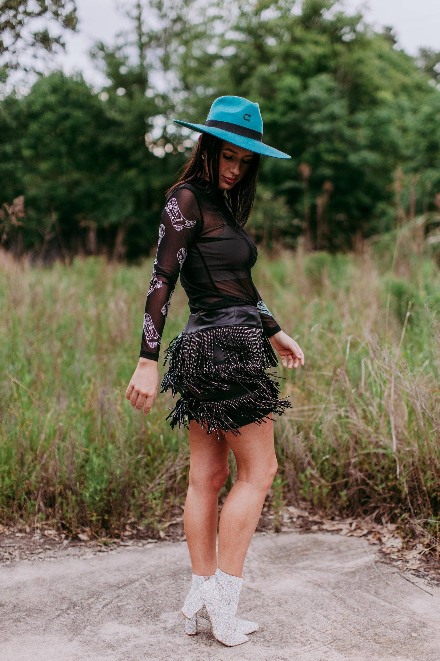 Black Rhinestone Western Boot Embellished Mesh LS Top