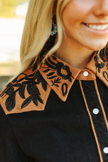 Black Denim Western Suede Pearl Snap Dress with Camel Cuff Yokes