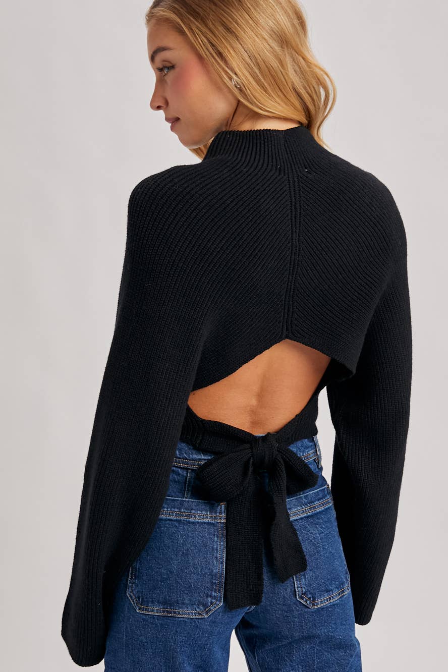 Mock Neck Open Back Bow Sweater